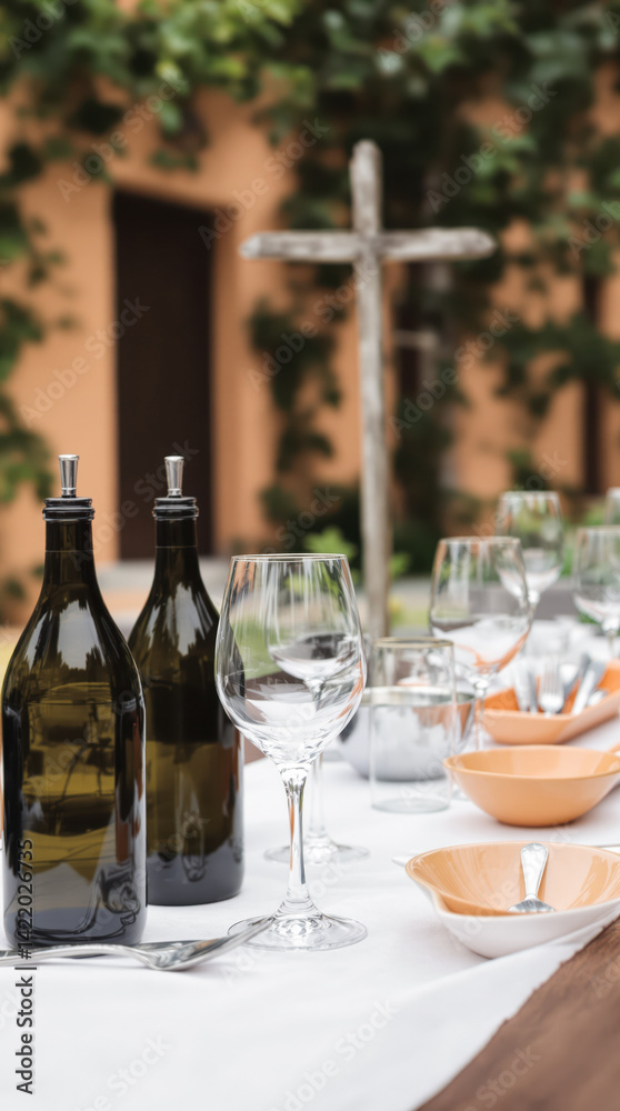 two dark glass bottles and wine glasses on a table outdoors two dark glass bottles and wine glasses on a table outdoors