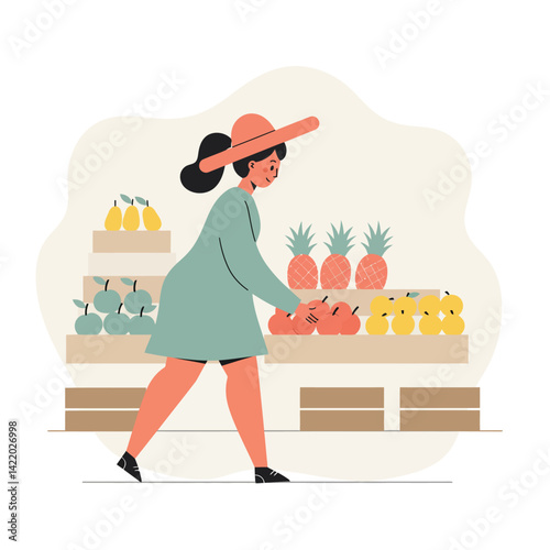 Woman wearing hat shopping for fresh fruit at market stall with pineapples apples and pears 