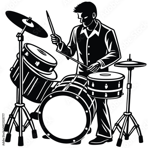 Black and White Drummer Illustration Set,
Hand-Drawn Drummer Silhouette Playing Drums,
Stylish Drummer Clipart with Drum Kit.