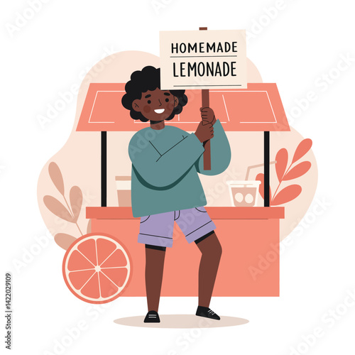 Child holding homemade lemonade sign in front of lemonade stand with citrus decoration and cheerful expression 