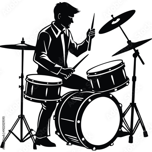 Black and White Drummer Illustration Set,
Hand-Drawn Drummer Silhouette Playing Drums,
Stylish Drummer Clipart with Drum Kit.