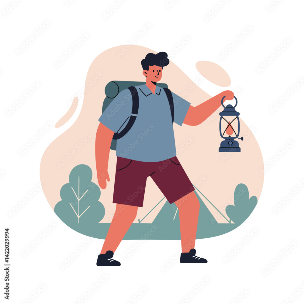 Young man holding lantern with backpack hiking near tent in nature wilderness outdoor activity illustration Young man holding lantern with backpack hiking near tent in nature wilderness outdoor activity illustration