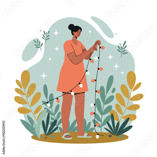 Woman standing and holding string lights in garden surrounded by green and yellow plants with decorative stars in background 