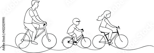 Minimalist Line Art Family Biking, Father, Mother, Child Cycling Together, Contour Style