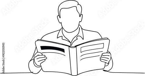 Minimalist Line Art Man Reading Book, Continuous Contour Drawing, Simplistic, Elegant