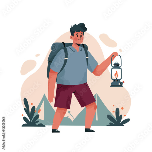 Hiker with backpack holding lantern on camping trip in nature landscape illustration 