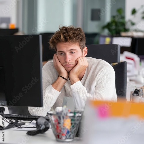 Bored Young Man at Work, Staring at Computer Screen
