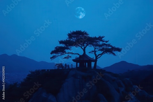 Silhouette of a tranquil pavilion on a hilltop at twilight under a full moon.  A majestic pine tree stands guard over the structure