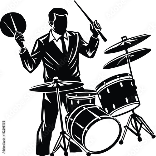Black and White Drummer Illustration Set,
Hand-Drawn Drummer Silhouette Playing Drums,
Stylish Drummer Clipart with Drum Kit.