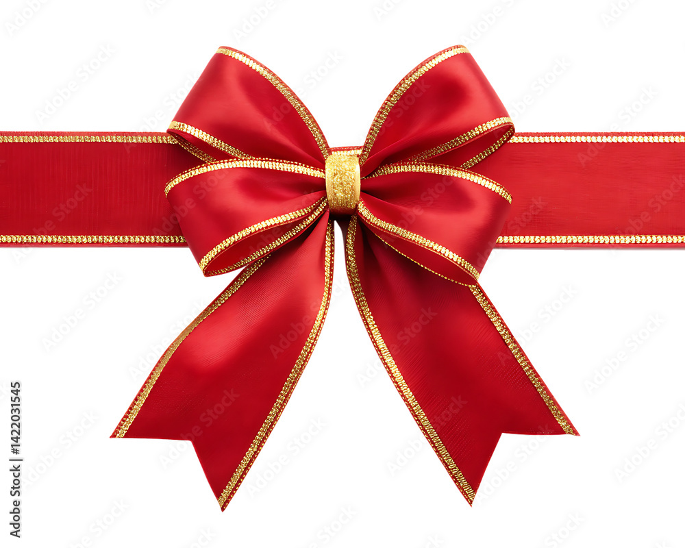Fototapeta premium Close up of a red satin ribbon bow with gold trim isolated on black background centered in the image