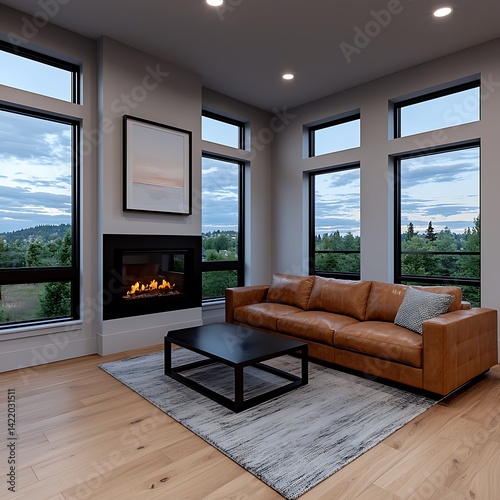 Obraz na płótnie Modern Living Room Interior with Fireplace, Large Windows, Natural Light, Comfortable Seating, and Minimalist Decor for Cozy Home Design w salonie