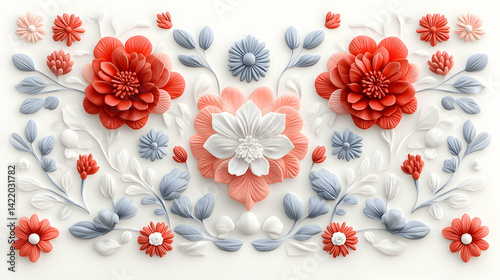 Coral Pink White Gray 3D Paper Flowers Symmetrical Floral Arrangement