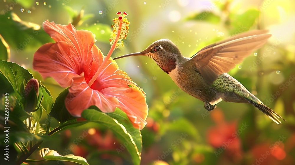 Fototapeta premium A hummingbird perched delicately on a hibiscus flower, sipping nectar with its slender beak.