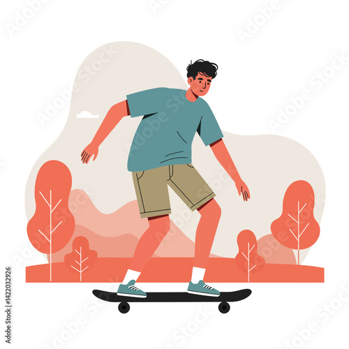 Young man skateboarding in casual clothing outdoors with autumn trees and hills nature background 