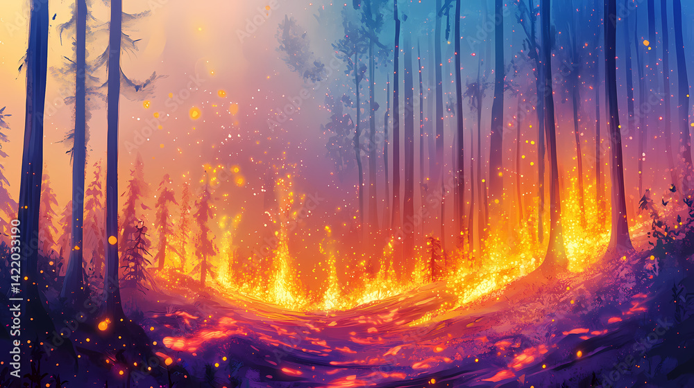 Forest fire, with the air above the burning ground warped and the surroundings shimmering from the intensity of the flames. Shimmering Warp. Illustration
