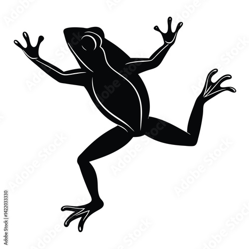 A pure black silhouette of a frog in mid-leap, with its body slightly arched and legs fully extended