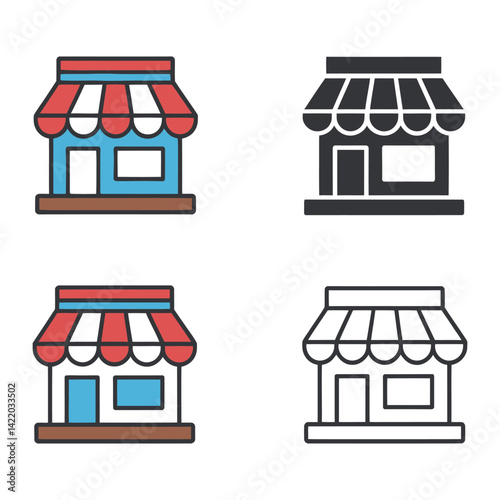 Storefront Vector Icons Representing Shop Facade And Business With Red And White Awning In Colorful And Black Silhouettes
