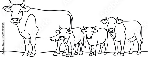 Outline of a Cow Family Standing Mother Cow with Calves, Farm Animals