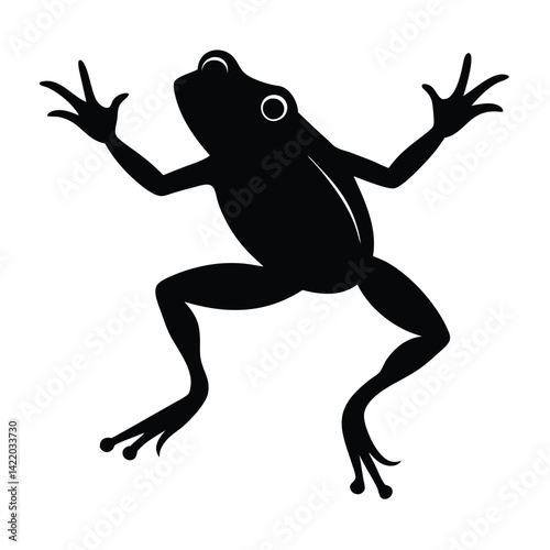 A pure black silhouette of a frog in mid-leap, with its body slightly arched and legs fully extended