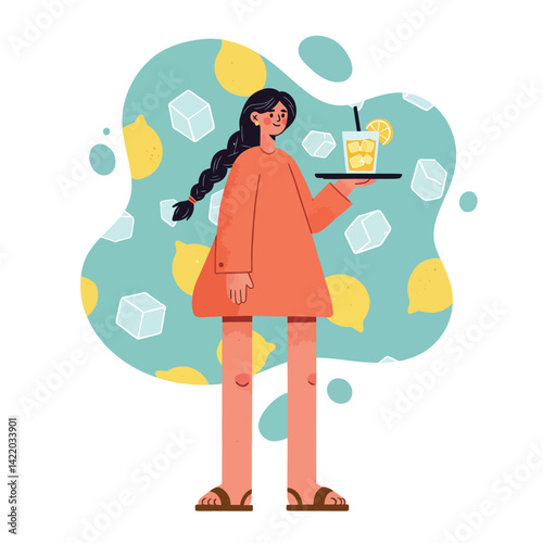 Young woman holding tray with lemonade drink in orange dress and sandals with lemon ice cube background