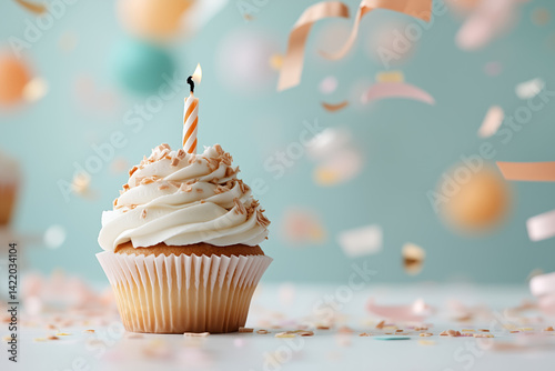 A single vanilla cupcake with smooth white frosting sits centered against a soft pastel background, such as pale peach or dusty blue