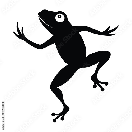 A pure black silhouette of a frog in mid-leap, with its body slightly arched and legs fully extended