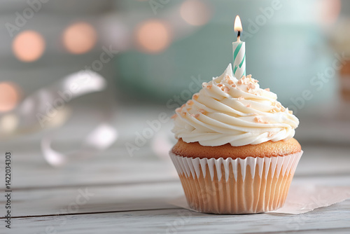 A single vanilla cupcake with smooth white frosting sits centered against a soft pastel background, such as pale peach or dusty blue
