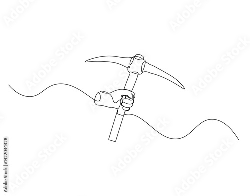 Pickaxe outline drawing illustration. Continuous line draw of mining equipment vector.