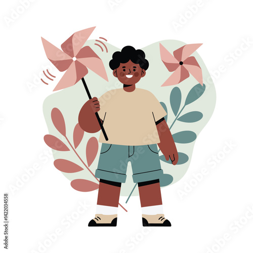 Child holding pinwheel toy with nature elements and muted colors playful illustration