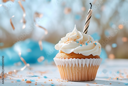 A single vanilla cupcake with smooth white frosting sits centered against a soft pastel background, such as pale peach or dusty blue