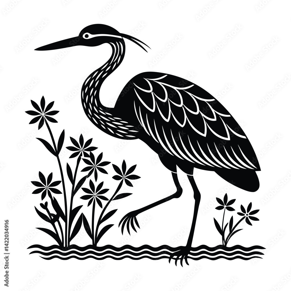 Fototapeta premium Stylized Black and White Heron Illustration with Tribal Pattern Design