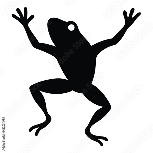 A pure black silhouette of a frog in mid-leap, with its body slightly arched and legs fully extended