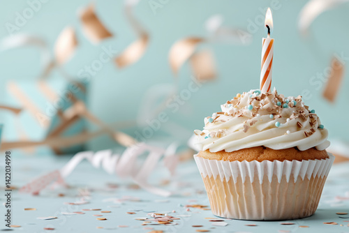 A single vanilla cupcake with smooth white frosting sits centered against a soft pastel background, such as pale peach or dusty blue