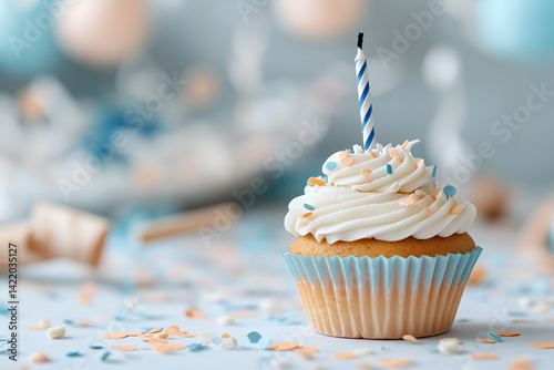 A single vanilla cupcake with smooth white frosting sits centered against a soft pastel background, such as pale peach or dusty blue