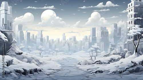 Snowy Ruins Of A Pixel Art City Landscape
