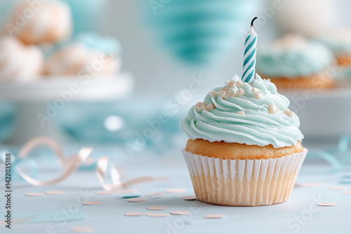 A single vanilla cupcake with smooth white frosting sits centered against a soft pastel background, such as pale peach or dusty blue