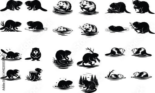 Beaver Silhouette Vector Set | Wild Animal Clipart Beaver Outline Bundle | Forest Wildlife Silhouette Pack