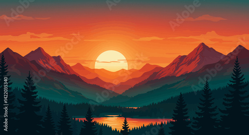 Mountain peak view landscape with sunrise soft light. Flat 2d vector illustration background