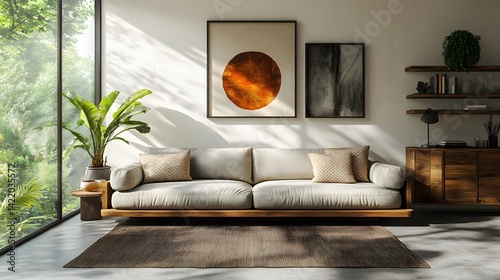 Desain interior minimalis ruang tamu modern dengan sofa abu-abu di dinding putih, dilengkapi rak dan tanaman di lantai beton. Mock-up latar belakang interior. Lensa sudut lebar, pencahayaan realistis