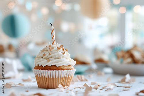 A single vanilla cupcake with smooth white frosting sits centered against a soft pastel background, such as pale peach or dusty blue
