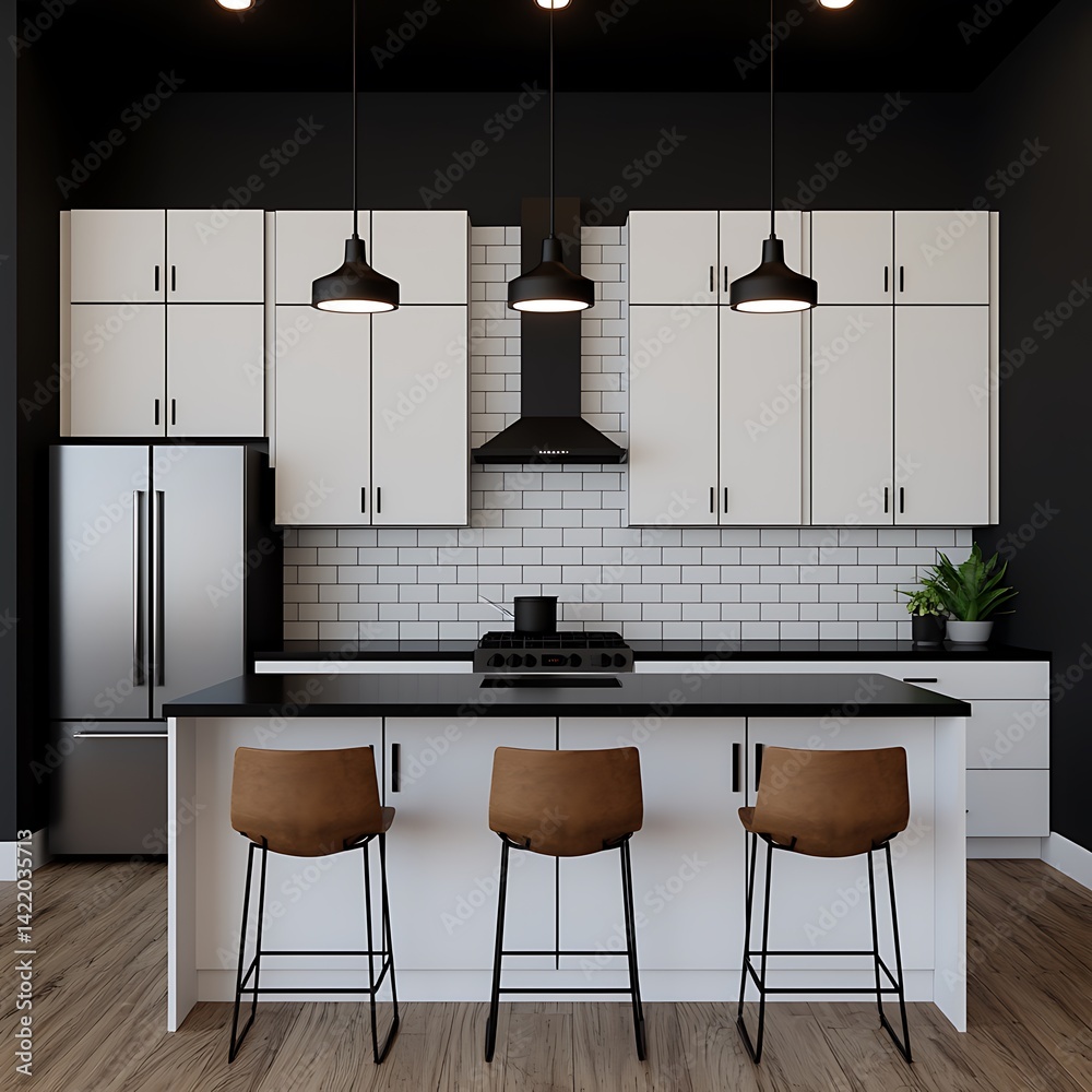 Modern Kitchen Interior Design with White Cabinets, Black Countertops, and Stylish Bar Stools Under Pendant Lights.