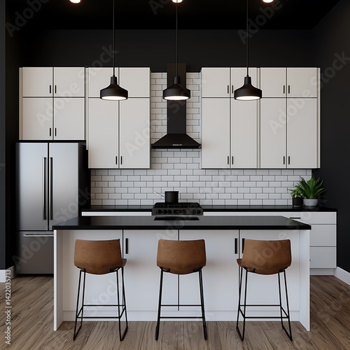 Obraz na płótnie Modern Kitchen Interior Design with White Cabinets, Black Countertops, and Stylish Bar Stools Under Pendant Lights. w salonie