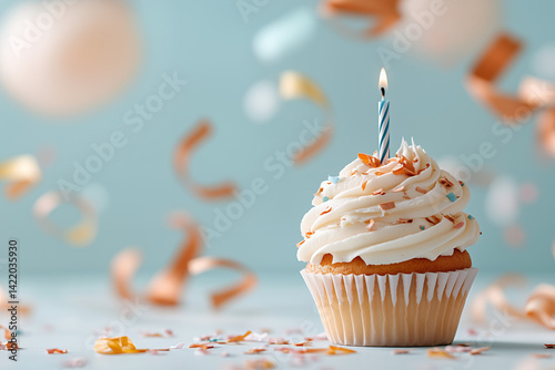 A single vanilla cupcake with smooth white frosting sits centered against a soft pastel background, such as pale peach or dusty blue
