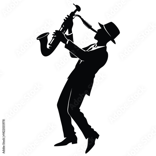 A silhouetted figure of a jazz saxophonist playing passionately, 