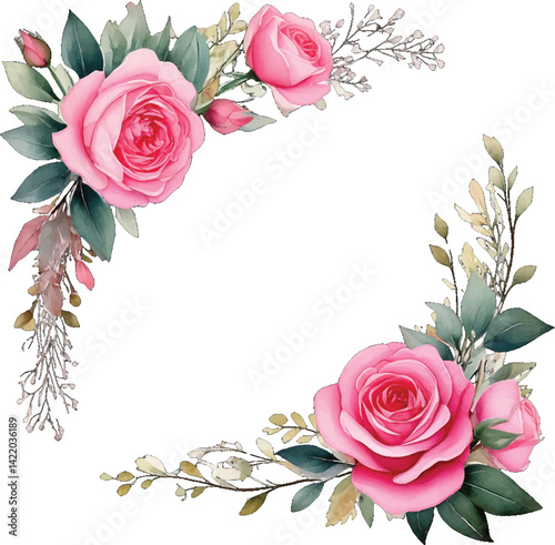 Soft watercolor pink roses with delicate greenery forming a beautiful floral frame. Elegant pink rose corner design with light blossoms, green leaves in watercolor. Watercolor floral frame pink roses
