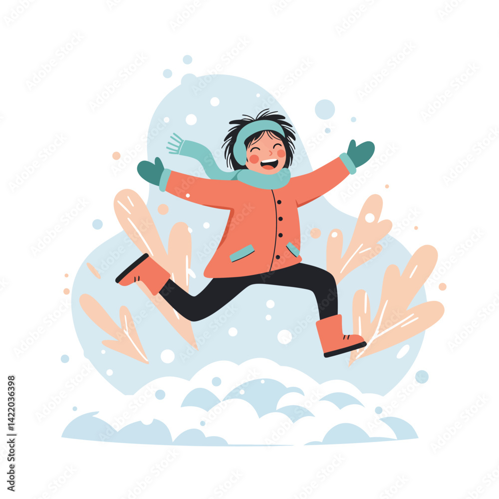 Obraz premium Happy child jumping joyfully in snow wearing warm winter clothes and scarf outdoor activity 