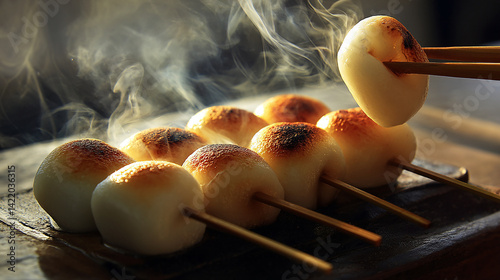 Mochi grilled until puffed golden surface chopsticks