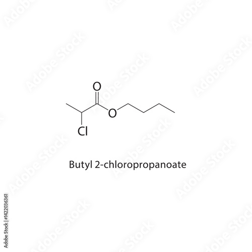 Butyl 2-chloropropanoate skeletal structure. Ester compound schematic illustration. Simple diagram, chemical formula.