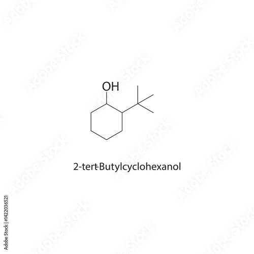 2-tert-Butylcyclohexanol skeletal structure. Alcohol compound schematic illustration. Simple diagram, chemical formula.