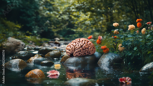 Obraz na płótnie Surreal brain emerging from water in forest stream with stones and flowers - nature meets imagination in dramatic artistic representation photography. Subconscious Stream. Illustration w salonie